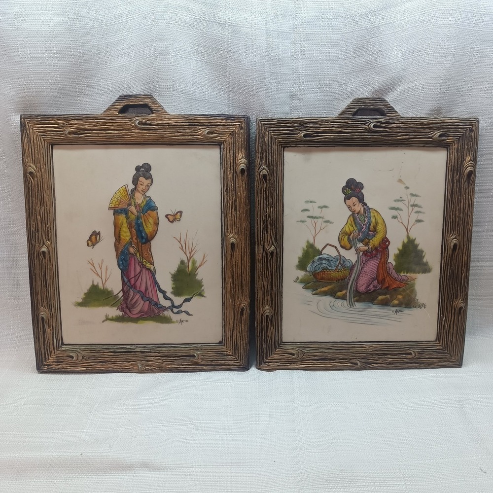 Vtg Artini Arts Ceramic Hand Painted‎ Sculptured 4D Paintings Set Of 2 COA